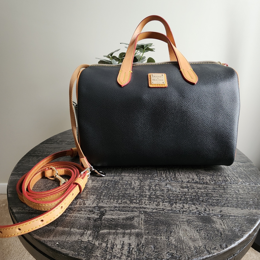 Dooney & Bourke Black Pebble Leather Satchel with Tan Trim and Red Accent Strap
